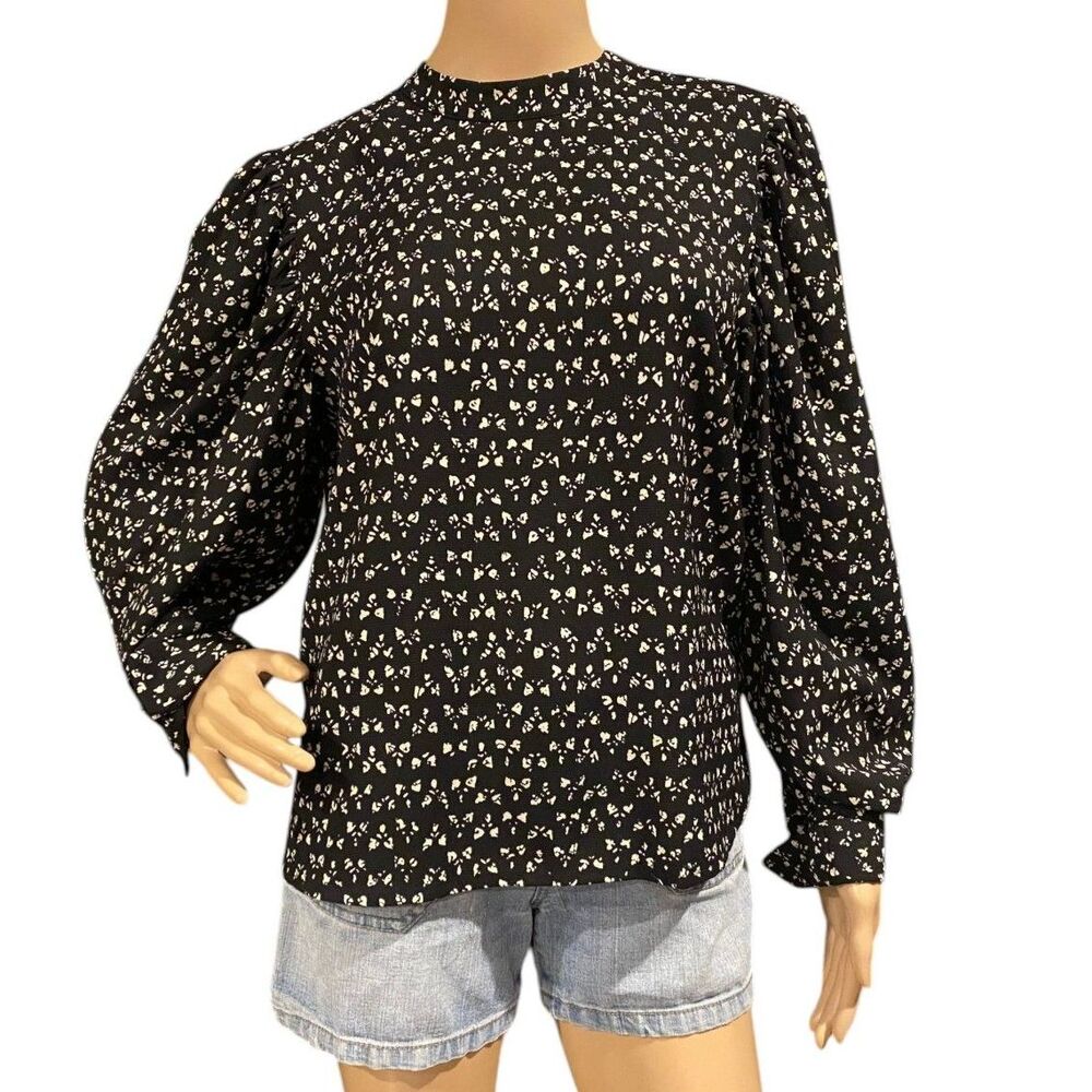 CAROLINA BELLE MONTREAL Blouse Black & White Geometric Print Balloon Sleeve Sz M